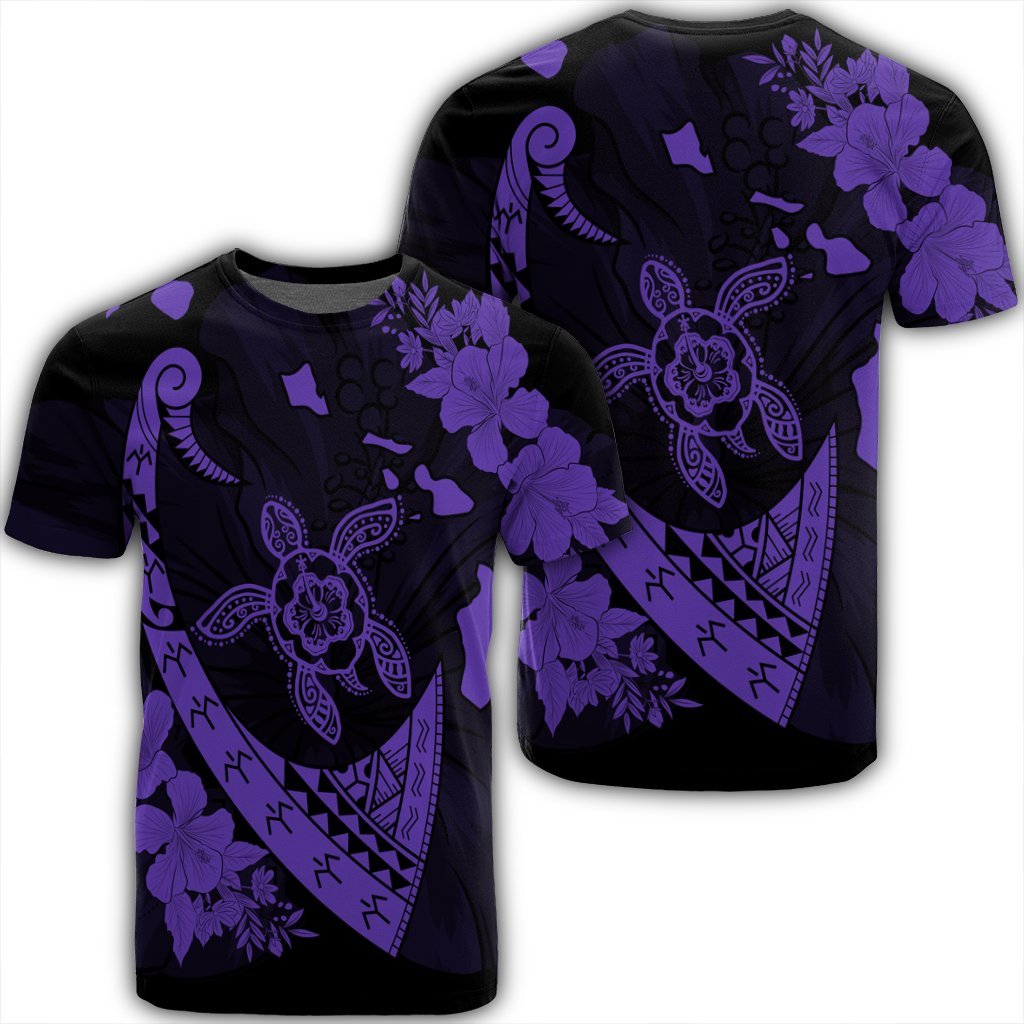 Hawaiian Map Hibiscus Turtle Fish Hook Polynesian T Shirt Purple Unisex Black - Polynesian Pride