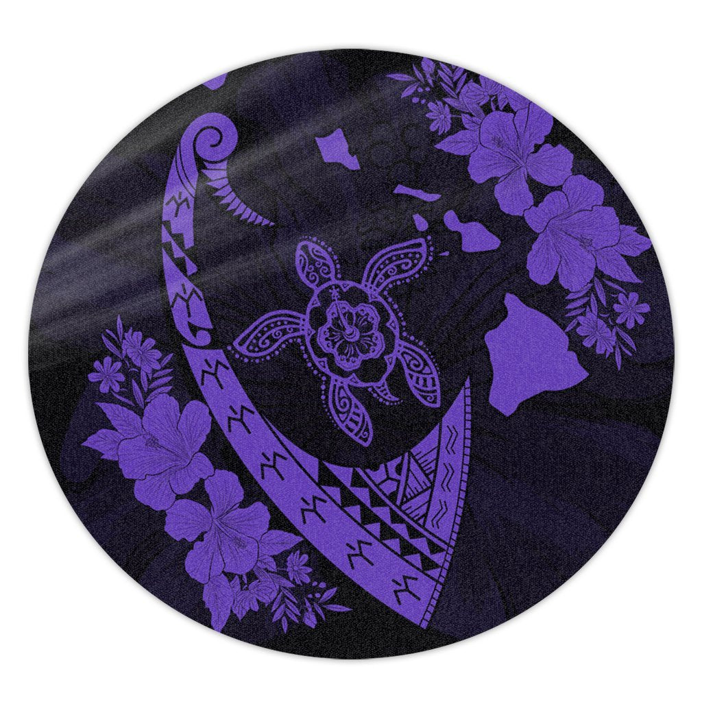 Hawaiian Map Hibiscus Turtle Fish Hook Polynesian Round Carpet Purple - AH Round Carpet Luxurious Plush - Polynesian Pride