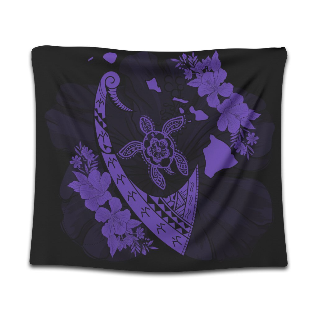 Hawaiian Map Hibiscus Turtle Fish Hook Polynesian Tapestry Purple - AH Wall Tapestry Black - Polynesian Pride