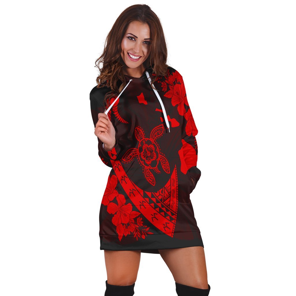 Hawaiian Map Hibiscus Turtle Fish Hook Polynesian Hoodie Dress Red - AH - Polynesian Pride