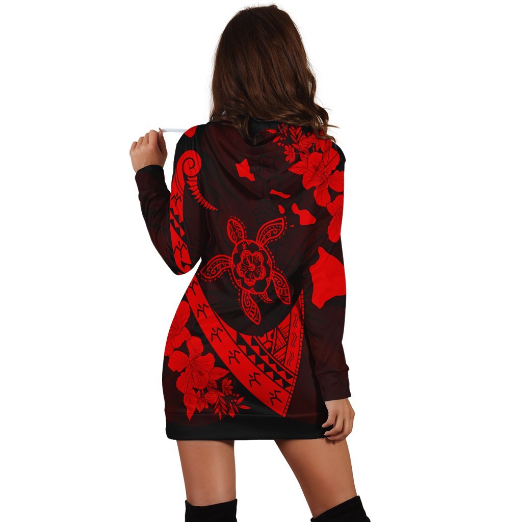 Hawaiian Map Hibiscus Turtle Fish Hook Polynesian Hoodie Dress Red - AH - Polynesian Pride