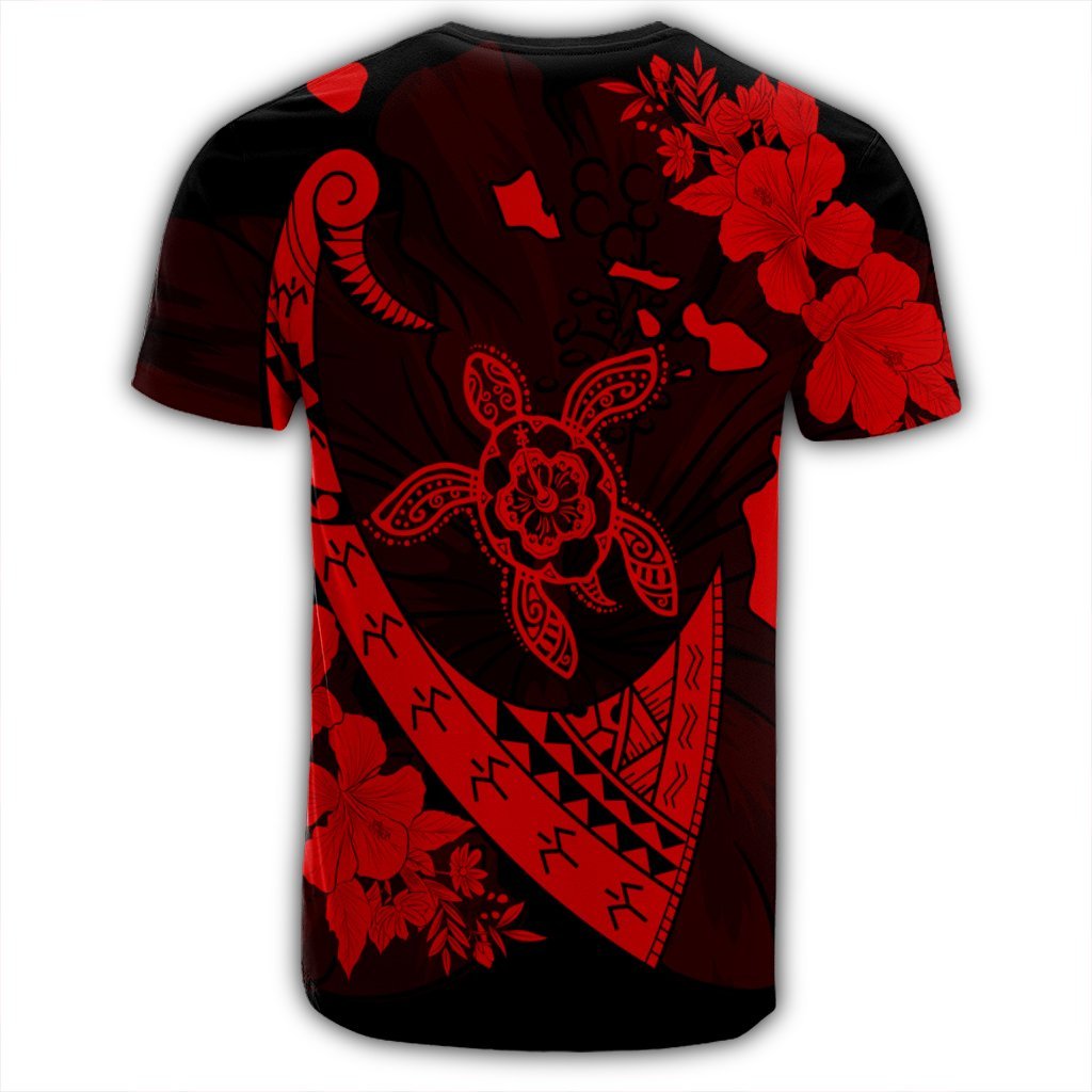 Hawaiian Map Hibiscus Turtle Fish Hook Polynesian T Shirt Red - Polynesian Pride
