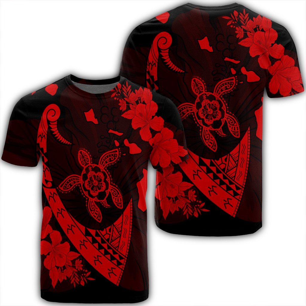 Hawaiian Map Hibiscus Turtle Fish Hook Polynesian T Shirt Red Unisex Black - Polynesian Pride