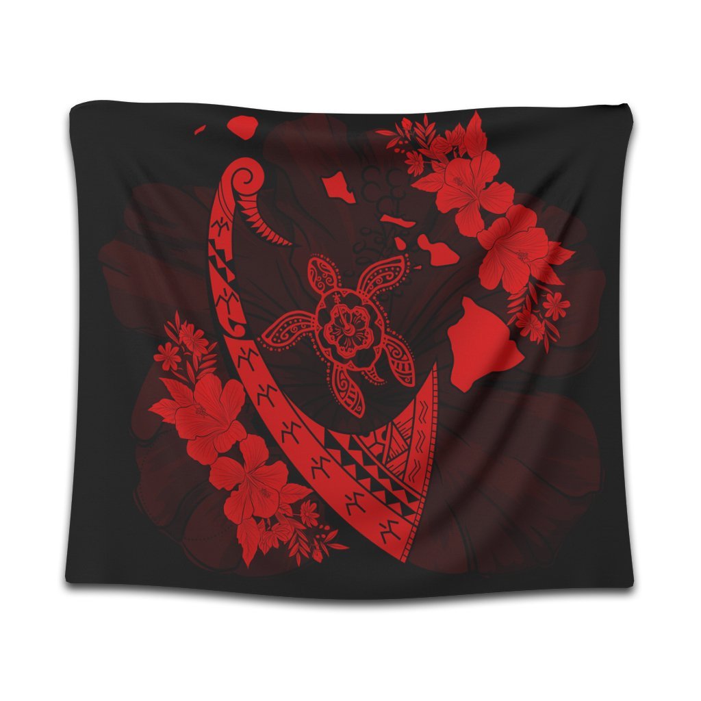 Hawaiian Map Hibiscus Turtle Fish Hook Polynesian Tapestry Red - AH Wall Tapestry Black - Polynesian Pride