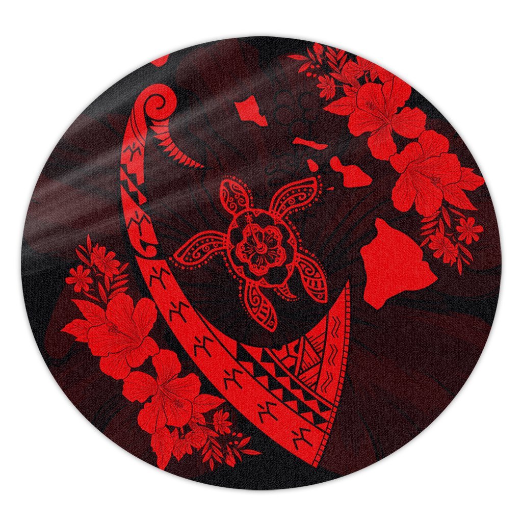 Hawaiian Map Hibiscus Turtle Fish Hook Polynesian Round Carpet Red - AH Round Carpet Luxurious Plush - Polynesian Pride