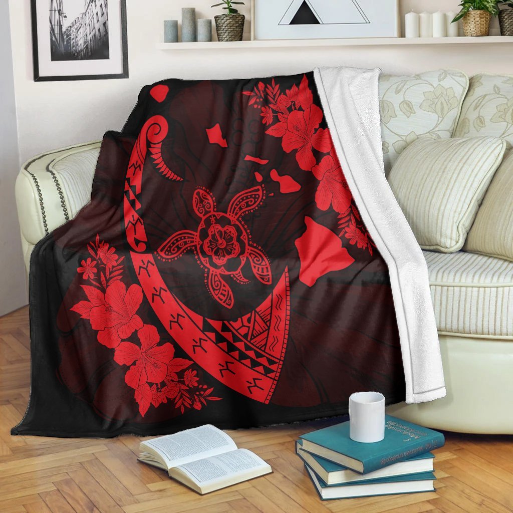 Hawaiian Map Hibiscus Turtle Fish Hook Polynesian Premium Blankets Red - AH White - Polynesian Pride