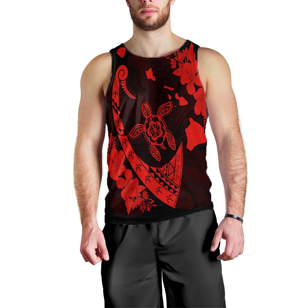 Hawaiian Map Hibiscus Turtle Fish Hook Polynesian Tank Top Red - AH Black - Polynesian Pride