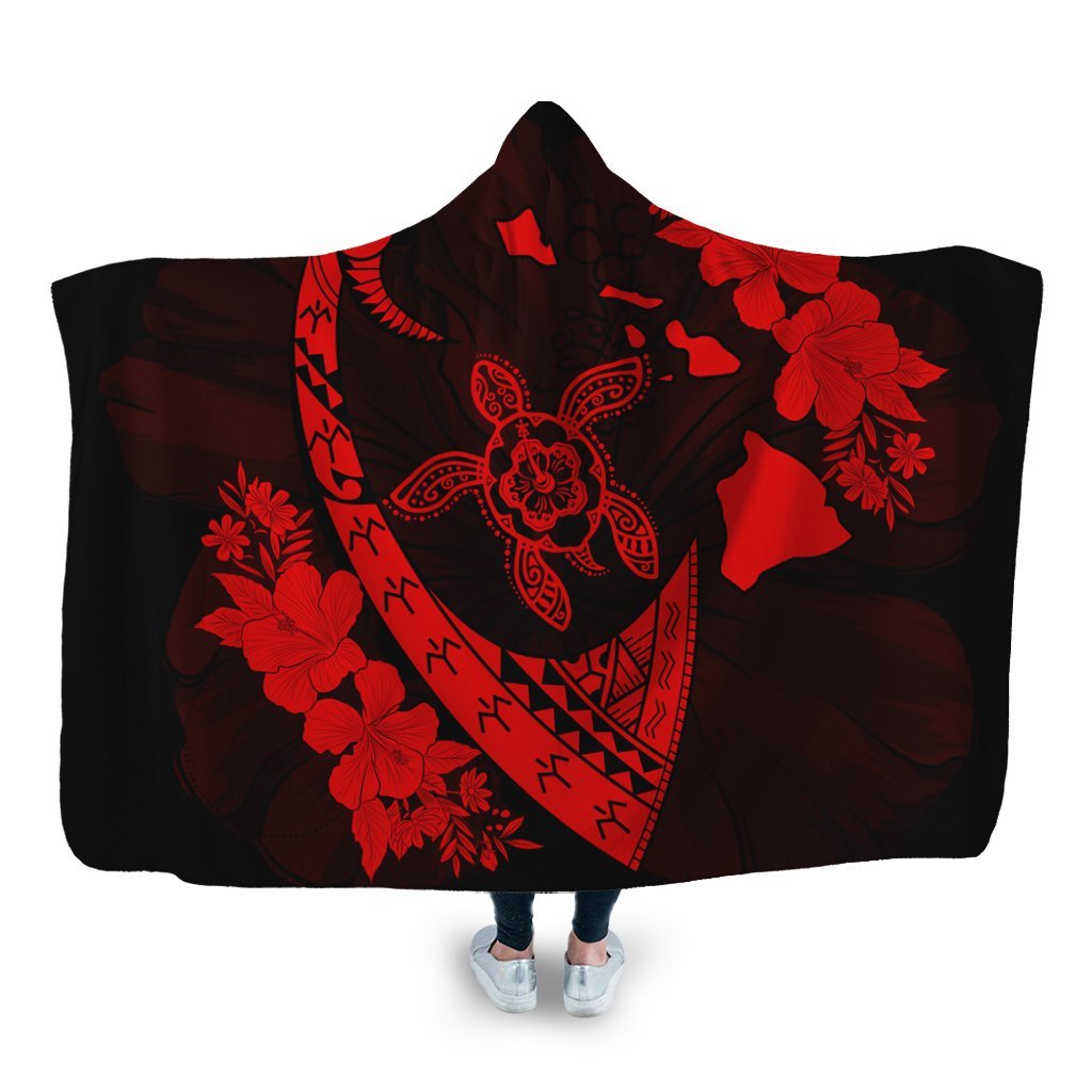 Hawaiian Map Hibiscus Turtle Fish Hook Polynesian Hooded Blanket Red - AH Hooded Blanket White - Polynesian Pride