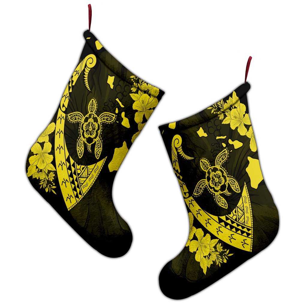 Hawaiian Map Hibiscus Turtle Fish Hook Polynesian Christmas Stocking Yellow - AH - Polynesian Pride