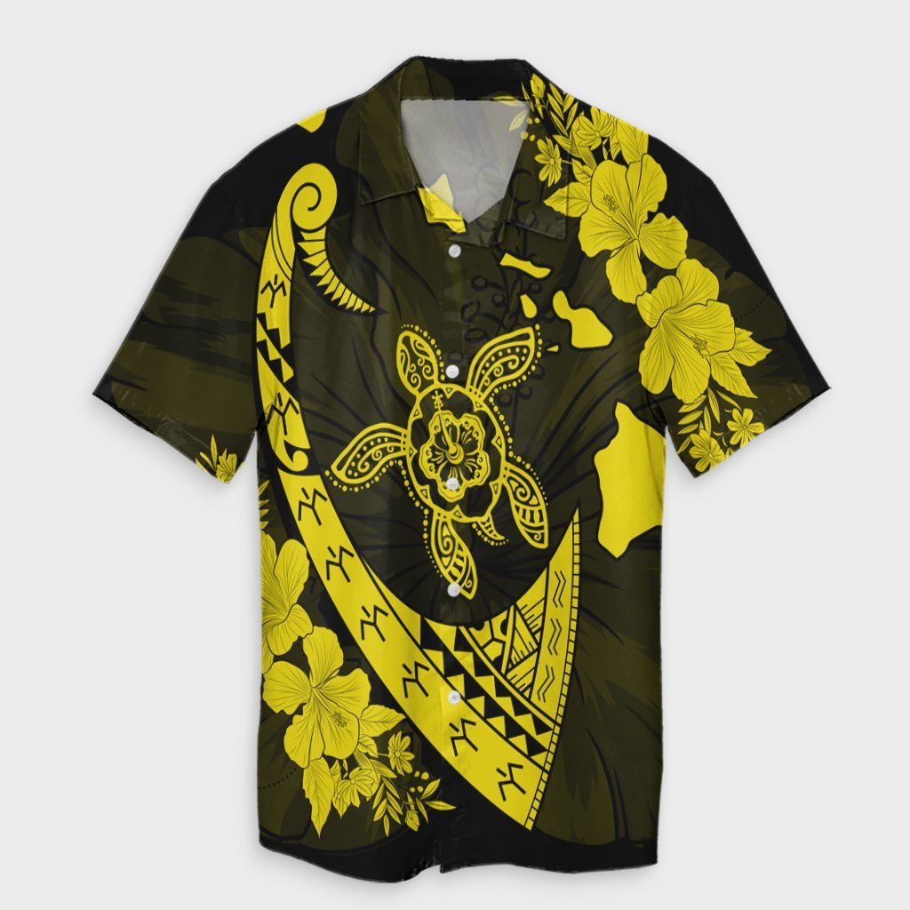 Hawaiian Map Hibiscus Turtle Fish Hook Polynesian Hawaiian Shirt Yellow - AH Unisex Black - Polynesian Pride