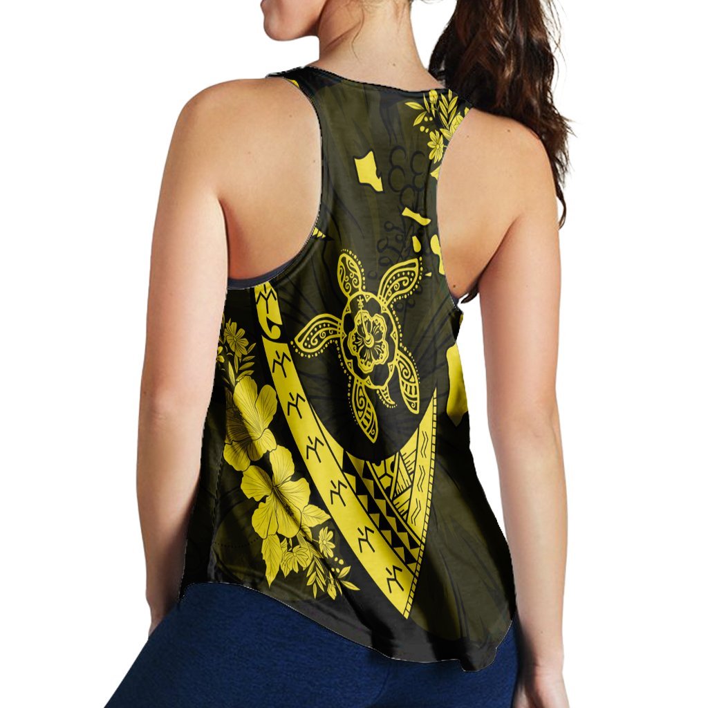Hawaiian Map Hibiscus Turtle Fish Hook Polynesian Racerback Tank Yellow - AH - Polynesian Pride