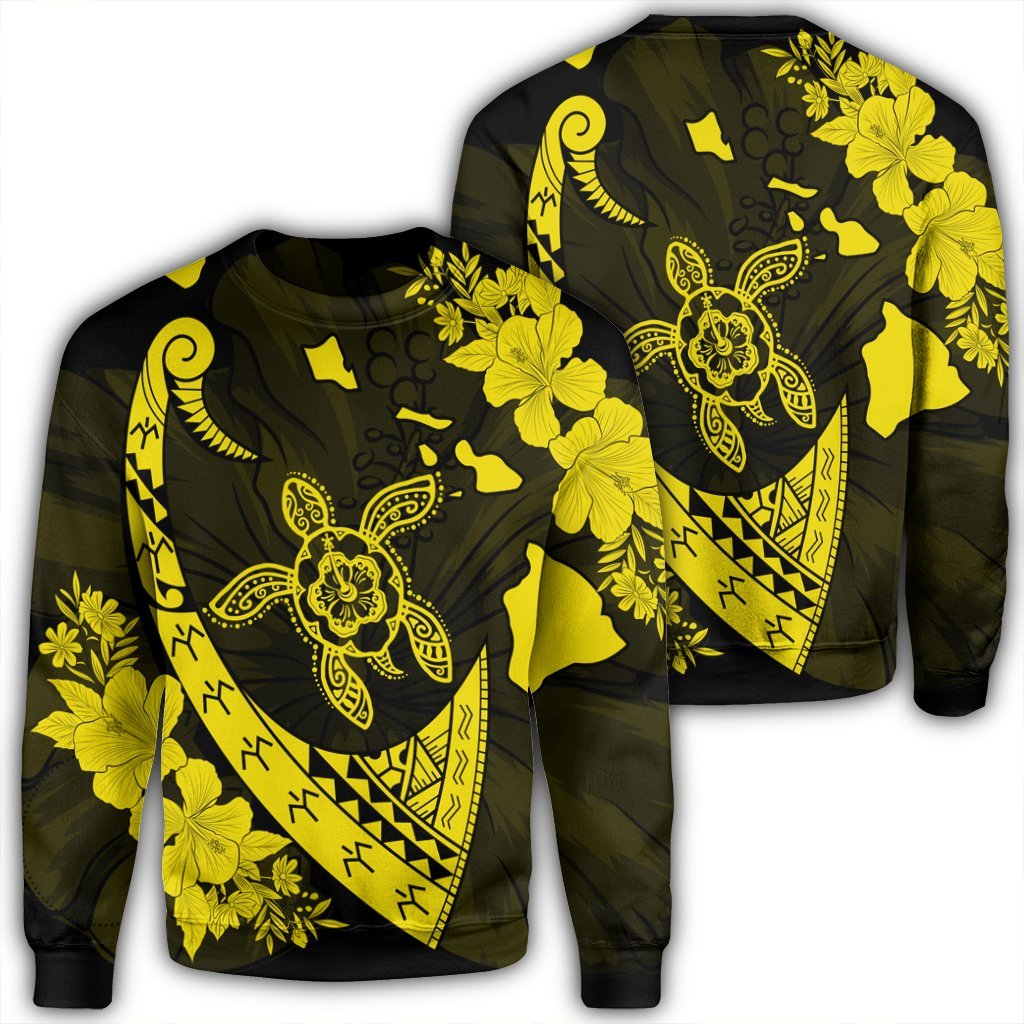 Hawaiian Map Hibiscus Turtle Fish Hook Polynesian Sweatshirt Yellow - AH Unisex Black - Polynesian Pride