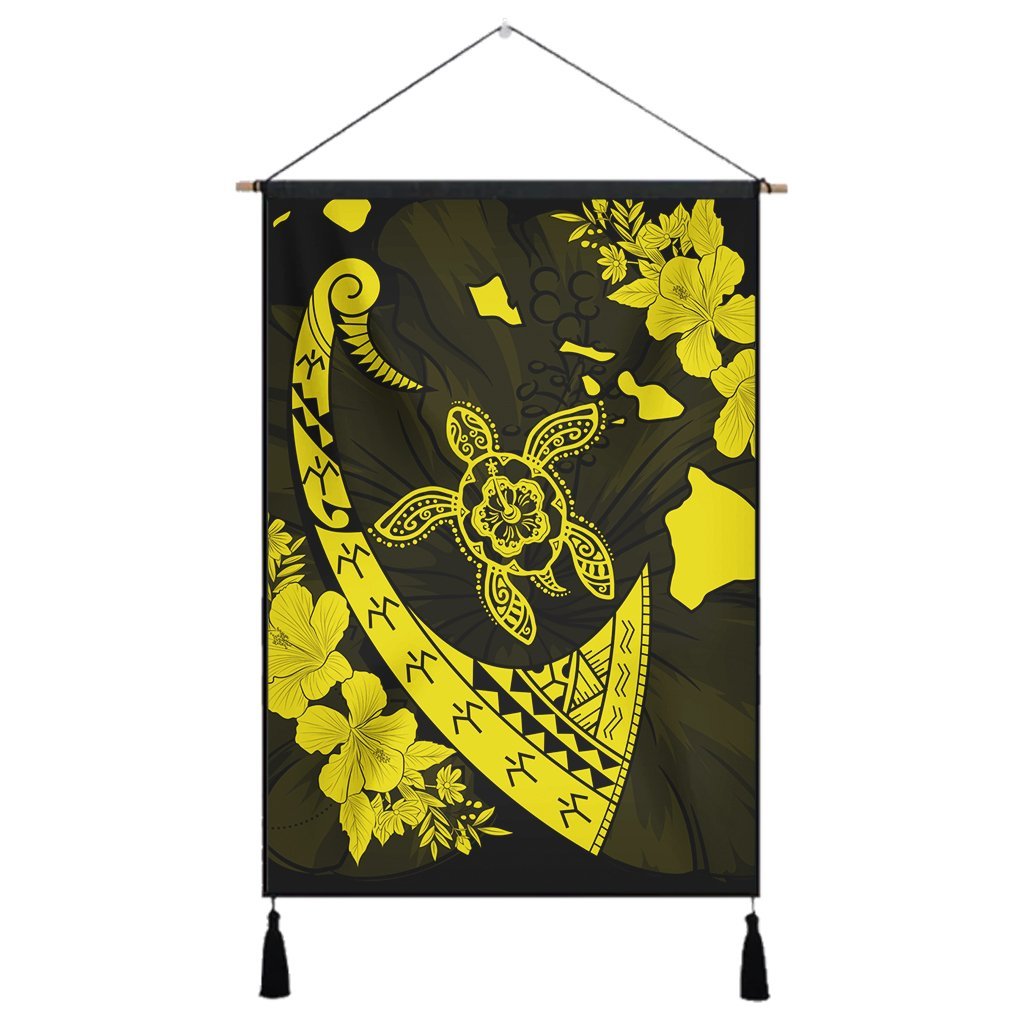 Hawaiian Map Hibiscus Turtle Fish Hook Polynesian Hanging Poster Yellow - AH Hanging Poster Cotton And Linen - Polynesian Pride