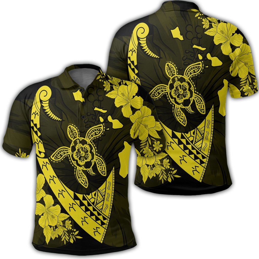 Hawaiian Map Hibiscus Turtle Fish Hook Polynesian Polo Shirt Yellow Unisex Black - Polynesian Pride