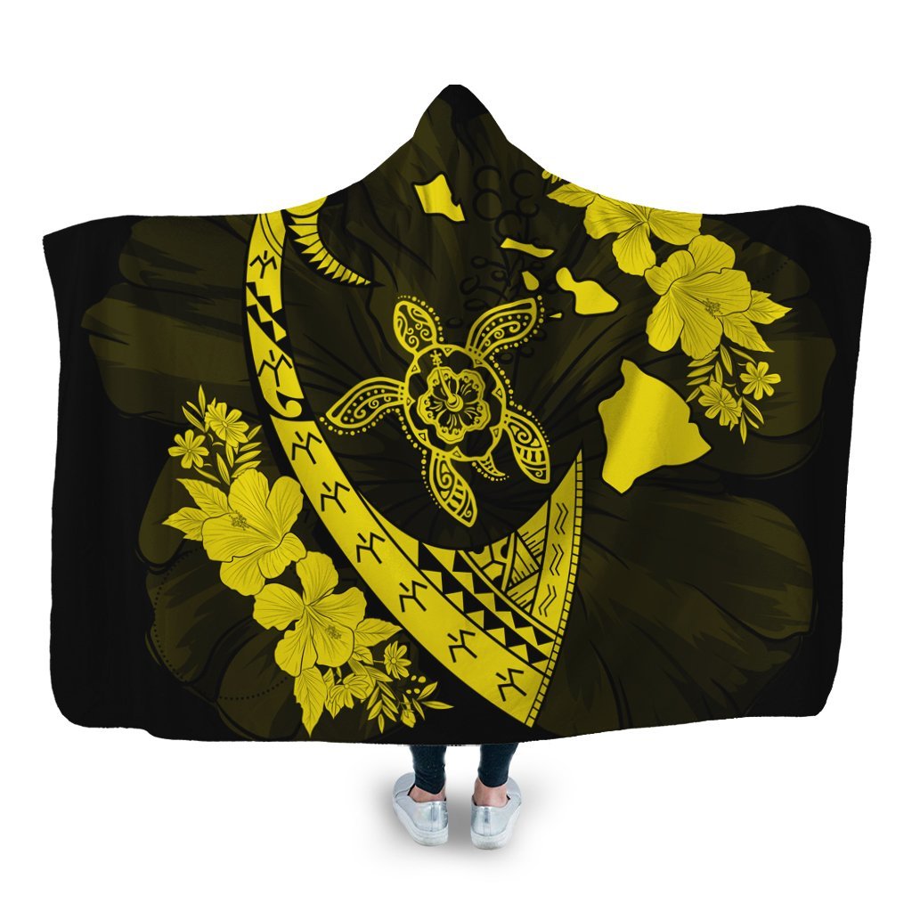 Hawaiian Map Hibiscus Turtle Fish Hook Polynesian Hooded Blanket Yellow - AH Hooded Blanket White - Polynesian Pride