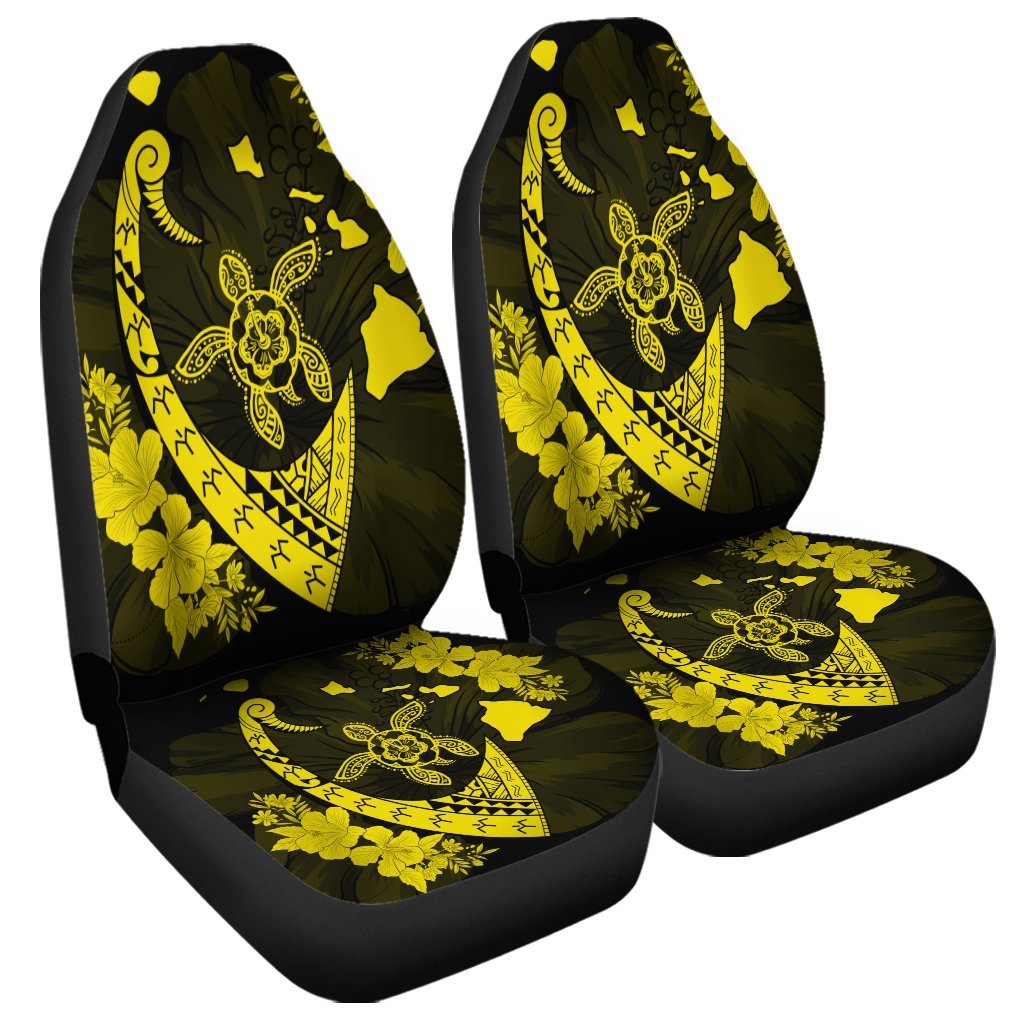 Hawaiian Map Hibiscus Turtle Fish Hook Polynesian Car Seat Covers Yellow - AH Universal Fit Black - Polynesian Pride