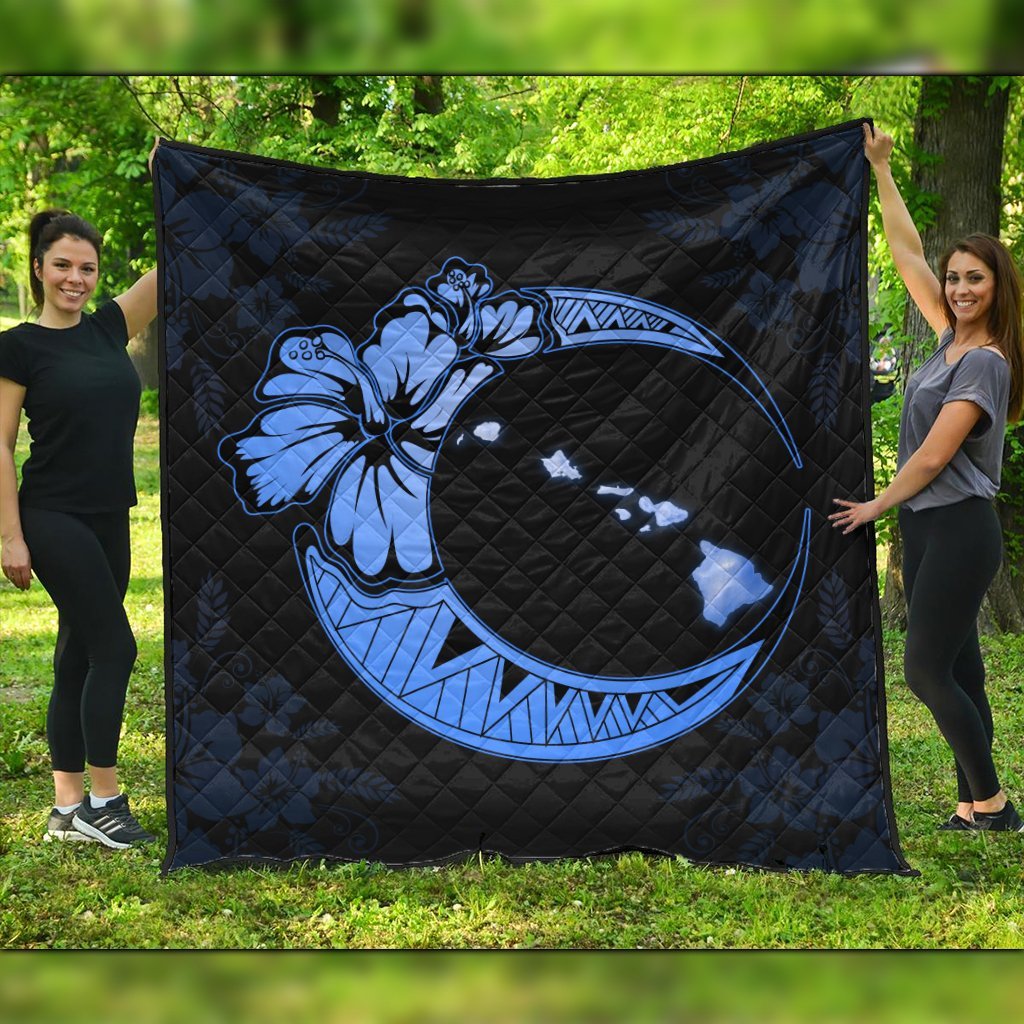 Hawaiian Map Hibiscus Turtle Polynesian Moon Premium Quilts Blue - AH Black - Polynesian Pride