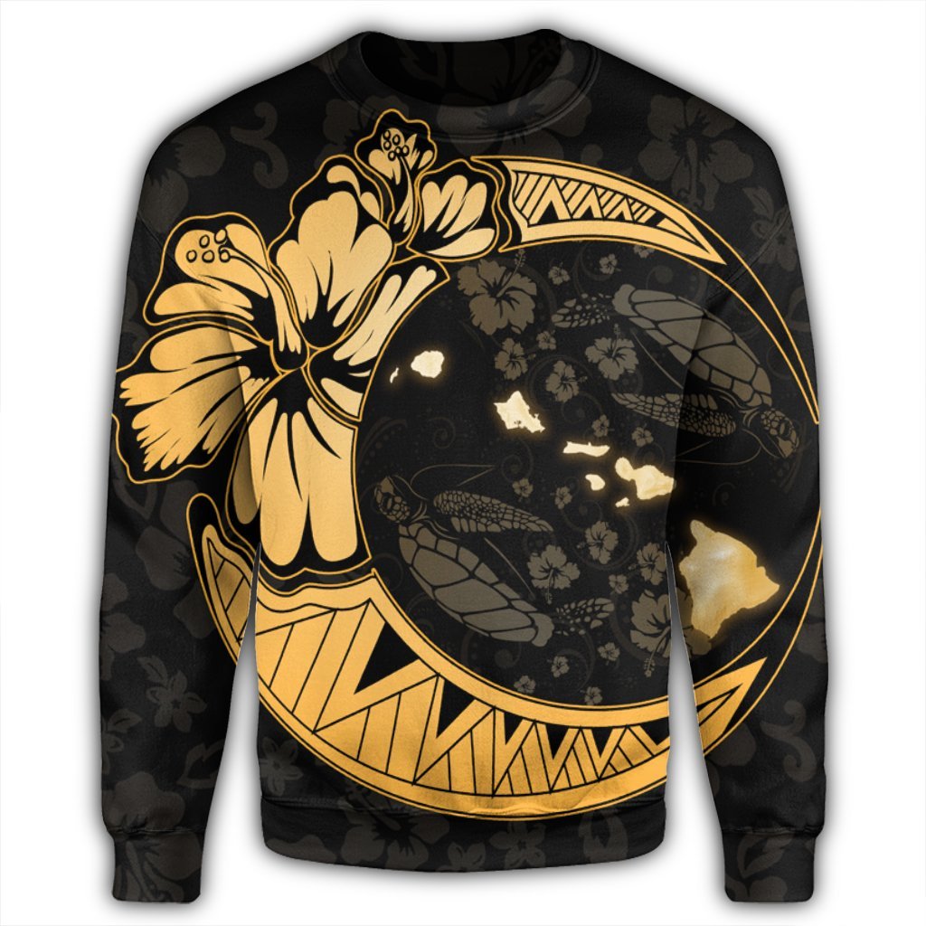 Hawaiian Map Hibiscus Turtle Polynesian Moon Sweatshirt Gold - AH - Polynesian Pride