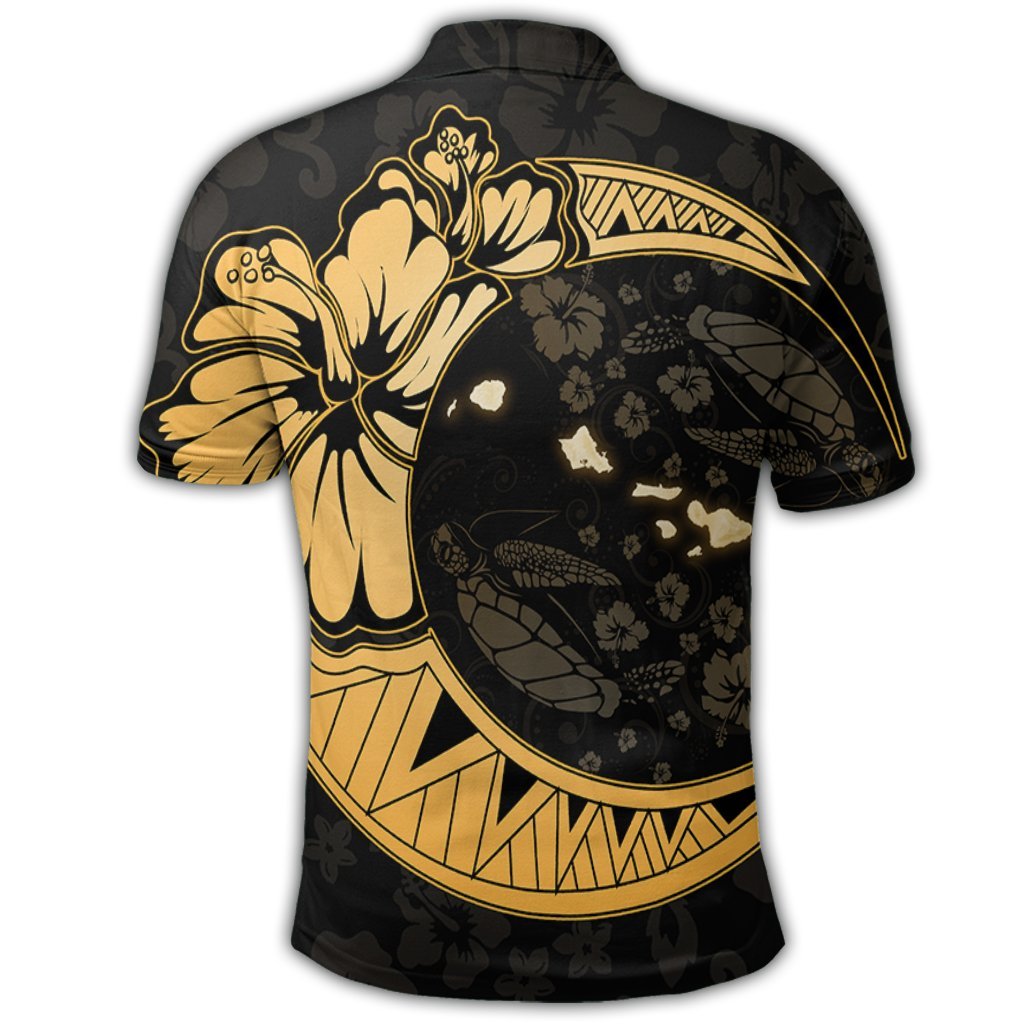 Hawaiian Map Hibiscus Turtle Polynesian Moon Polo Shirt Gold - Polynesian Pride