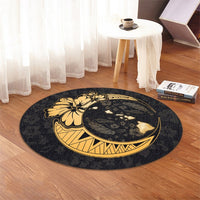 Hawaiian Map Hibiscus Turtle Polynesian Moon Round Carpet Gold - AH - Polynesian Pride