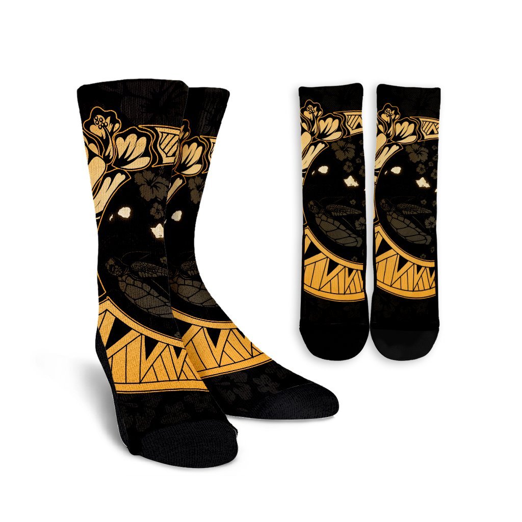 Hawaiian Map Hibiscus Turtle Polynesian Moon Crew Socks Gold - AH Crew Socks White - Polynesian Pride