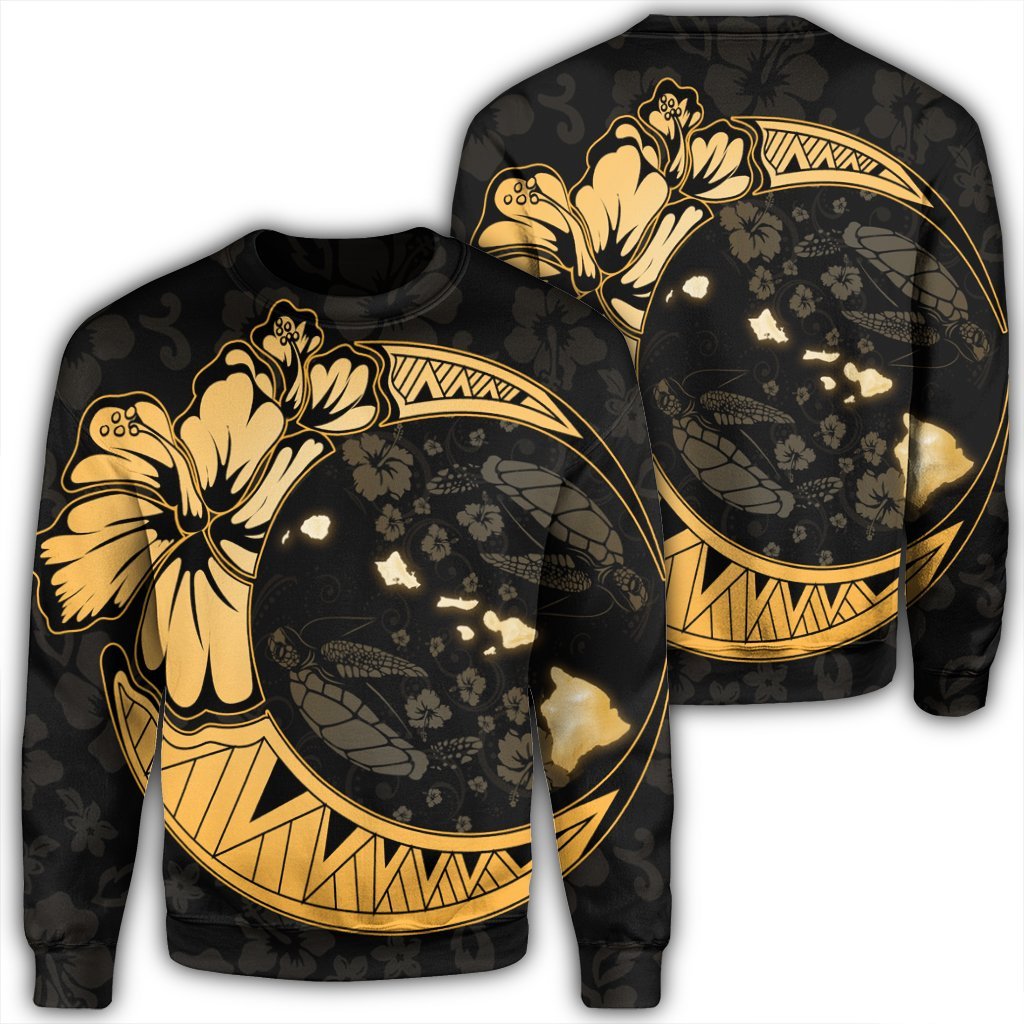 Hawaiian Map Hibiscus Turtle Polynesian Moon Sweatshirt Gold - AH Unisex Black - Polynesian Pride