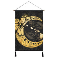 Hawaiian Map Hibiscus Turtle Polynesian Moon Hanging Poster Gold - AH Hanging Poster Cotton And Linen - Polynesian Pride