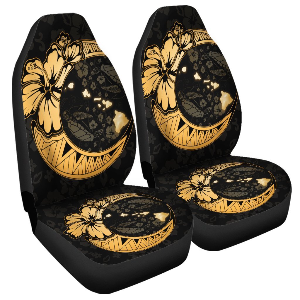 Hawaiian Map Hibiscus Turtle Polynesian Moon Car Seat Covers Gold - AH Universal Fit Black - Polynesian Pride