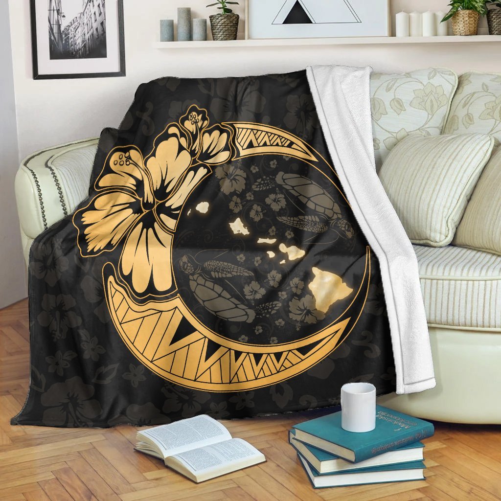 Hawaiian Map Hibiscus Turtle Polynesian Moon Premium Blankets Gold - AH White - Polynesian Pride