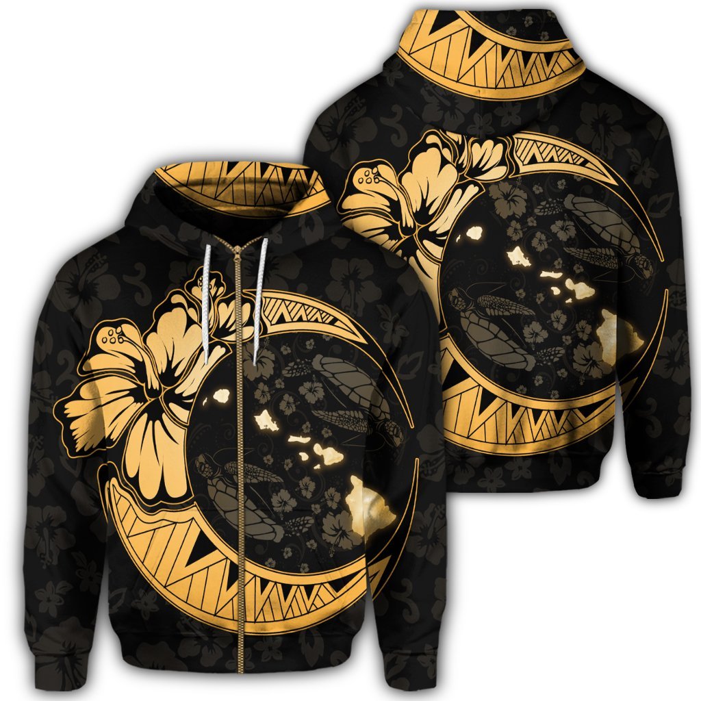 Hawaiian Map Hibiscus Turtle Polynesian Moon Zip Hoodie Gold Unisex Art - Polynesian Pride