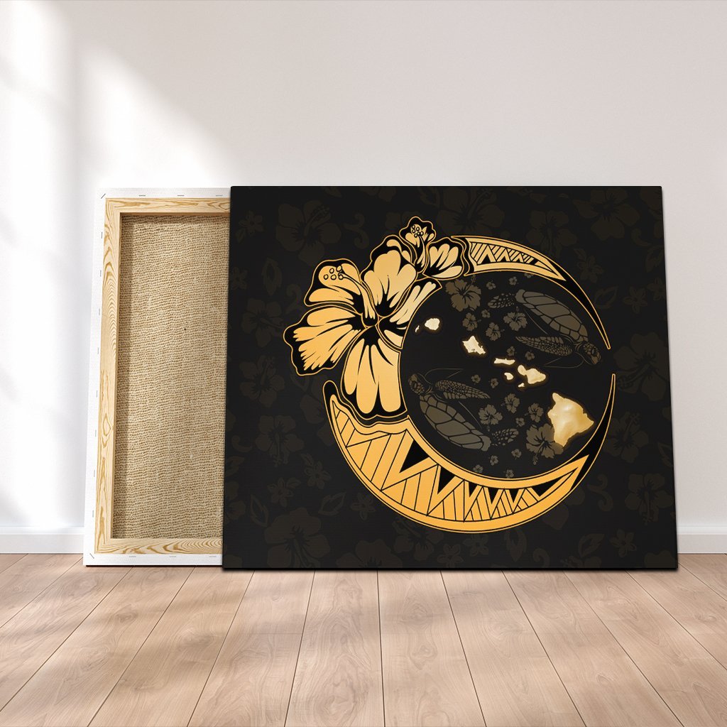 Hawaiian Map Hibiscus Turtle Polynesian Moon Canvas Gold - AH Canvas Poly-cotton - Polynesian Pride