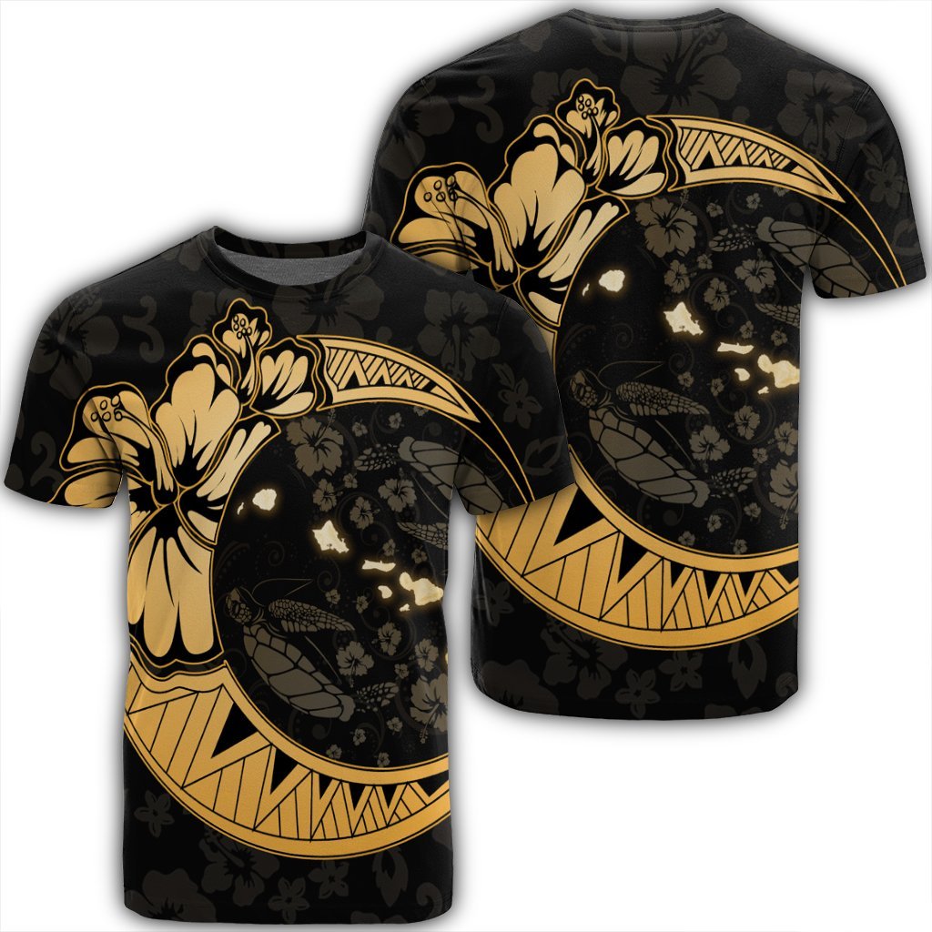 Hawaiian Map Hibiscus Turtle Polynesian Moon T Shirt Gold Unisex Black - Polynesian Pride