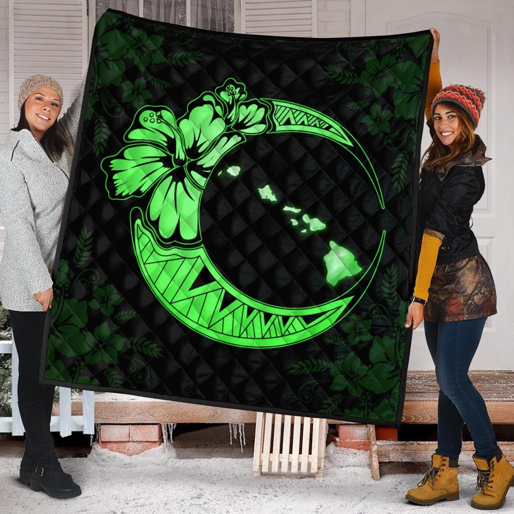 Hawaiian Map Hibiscus Turtle Polynesian Moon Premium Quilts Green - AH - Polynesian Pride