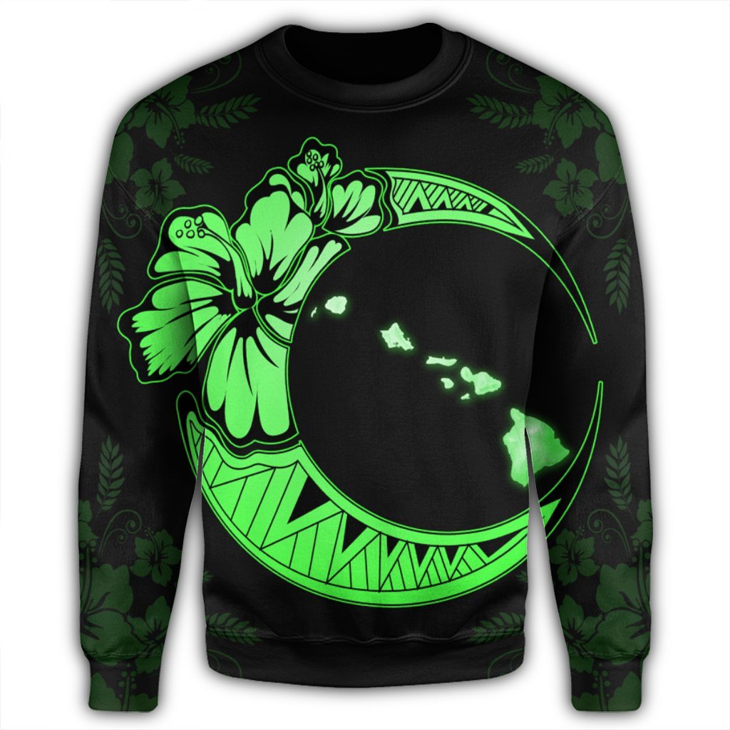 Hawaiian Map Hibiscus Turtle Polynesian Moon Sweatshirt Green - AH - Polynesian Pride