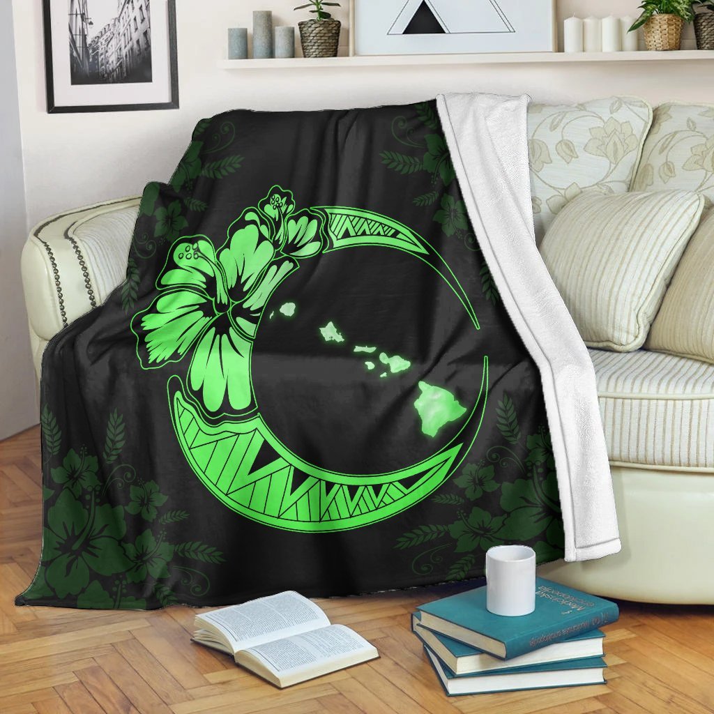 Hawaiian Map Hibiscus Turtle Polynesian Moon Premium Blankets Green - AH White - Polynesian Pride