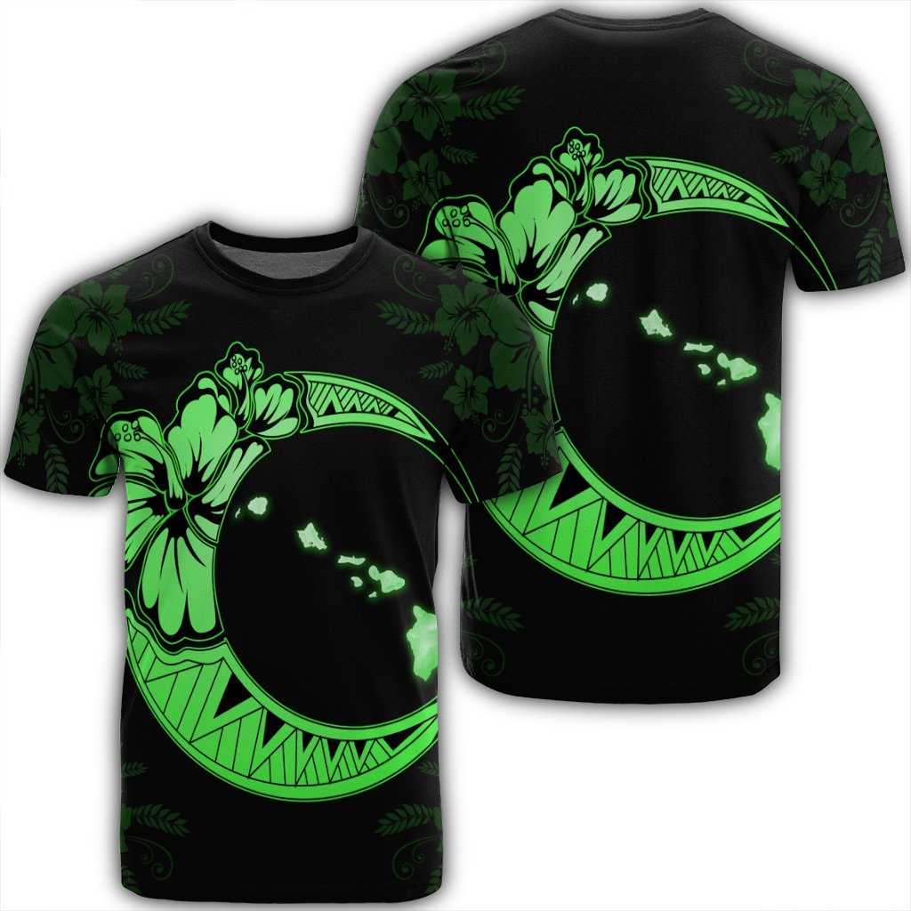 Hawaiian Map Hibiscus Turtle Polynesian Moon T Shirt Green Unisex Black - Polynesian Pride