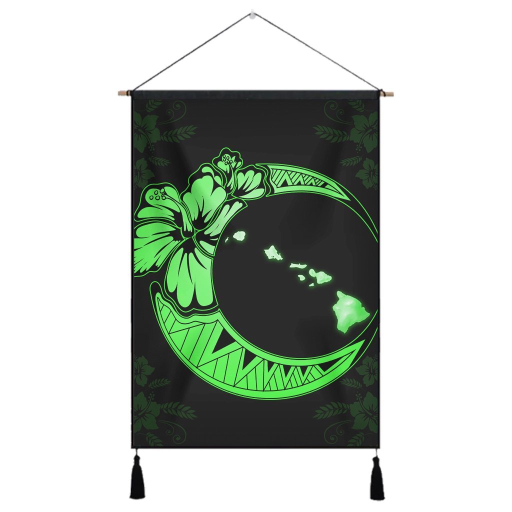 Hawaiian Map Hibiscus Turtle Polynesian Moon Hanging Poster Green - AH Hanging Poster Cotton And Linen - Polynesian Pride