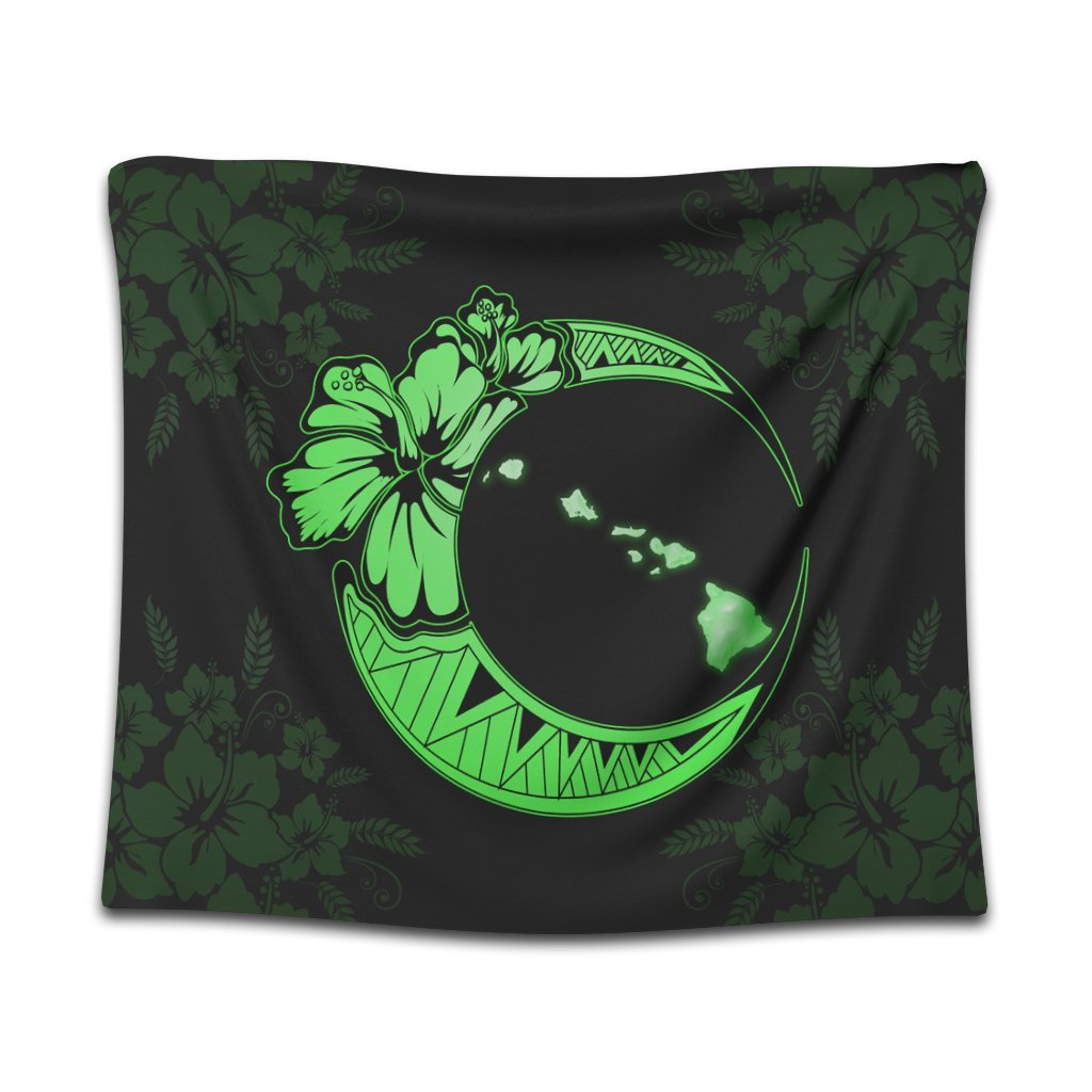 Hawaiian Map Hibiscus Turtle Polynesian Moon Tapestry Green - AH Wall Tapestry Black - Polynesian Pride