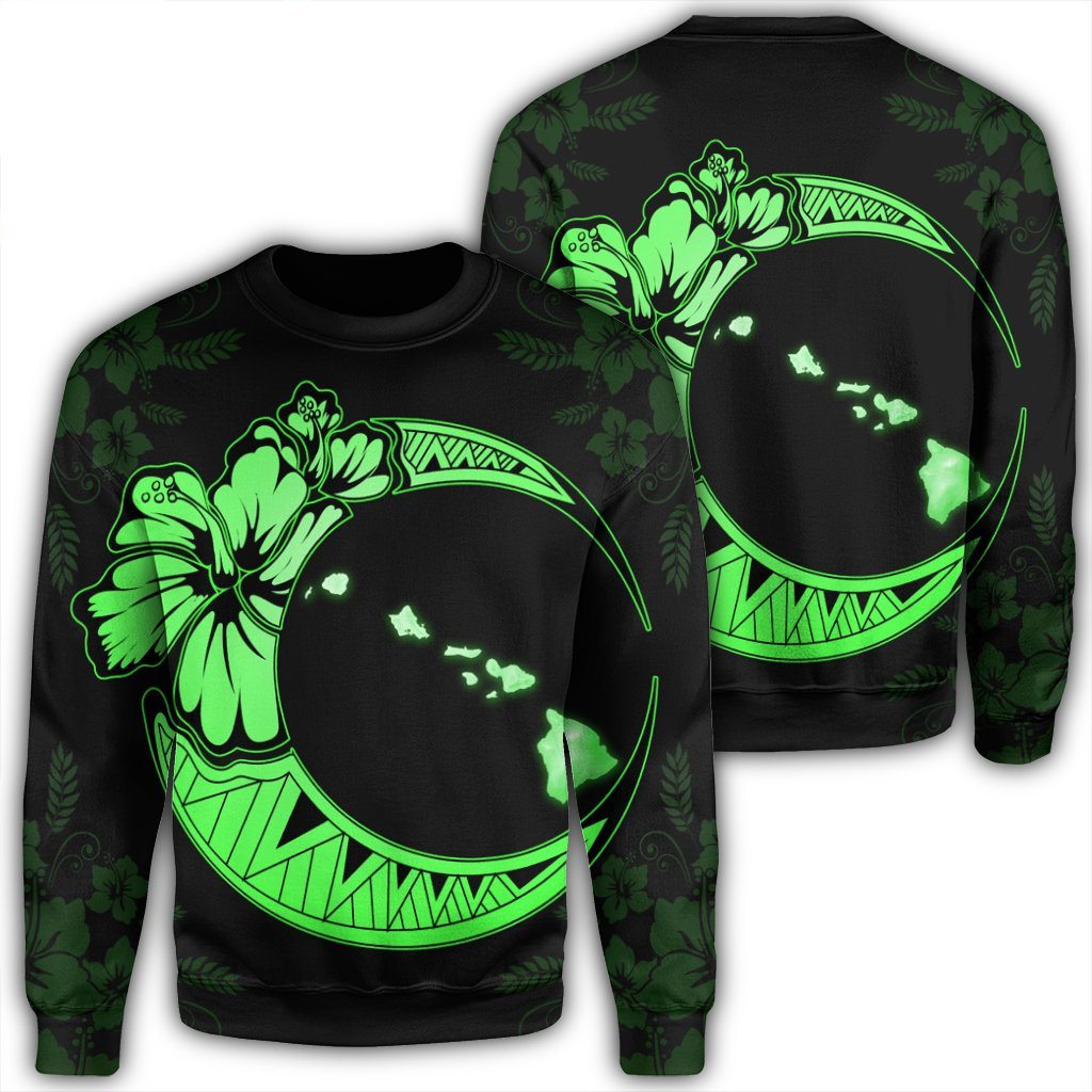 Hawaiian Map Hibiscus Turtle Polynesian Moon Sweatshirt Green - AH Unisex Black - Polynesian Pride