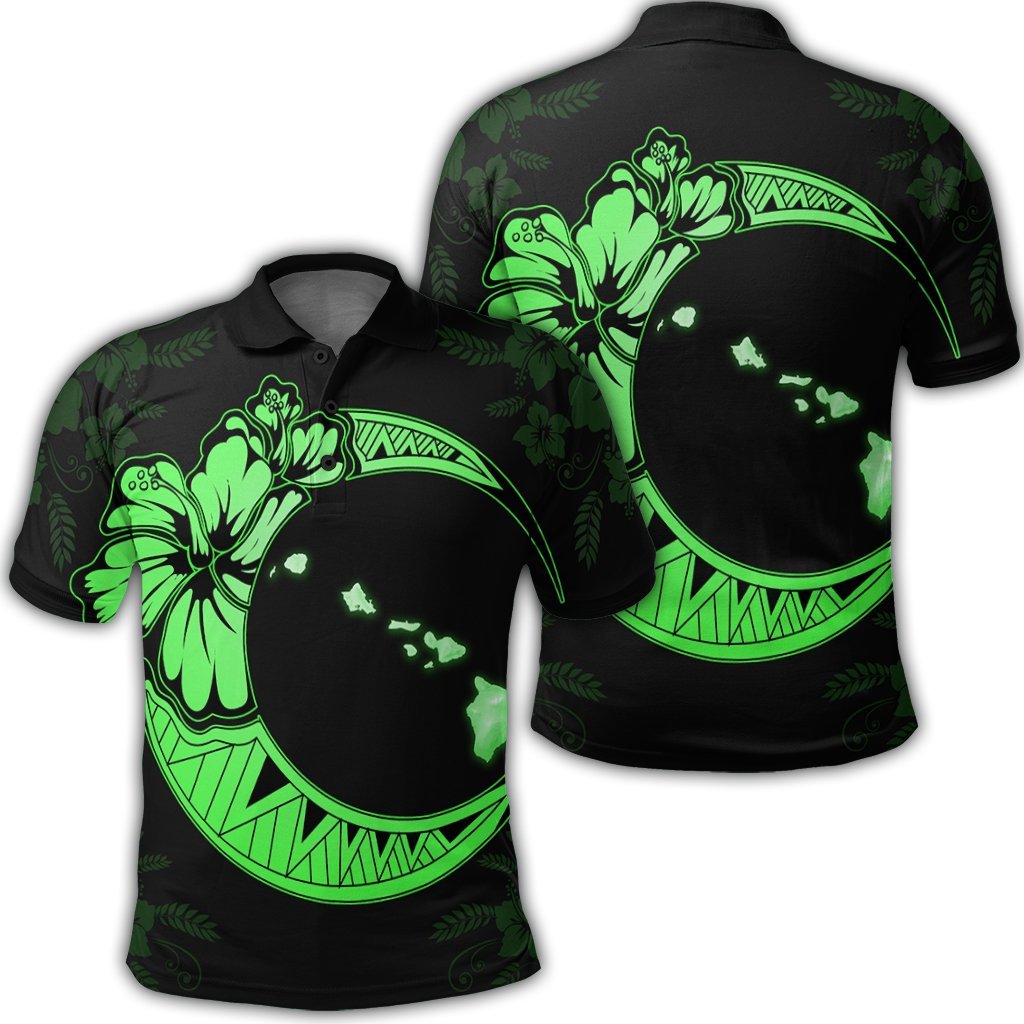 Hawaiian Map Hibiscus Turtle Polynesian Moon Polo Shirt Green Unisex Black - Polynesian Pride