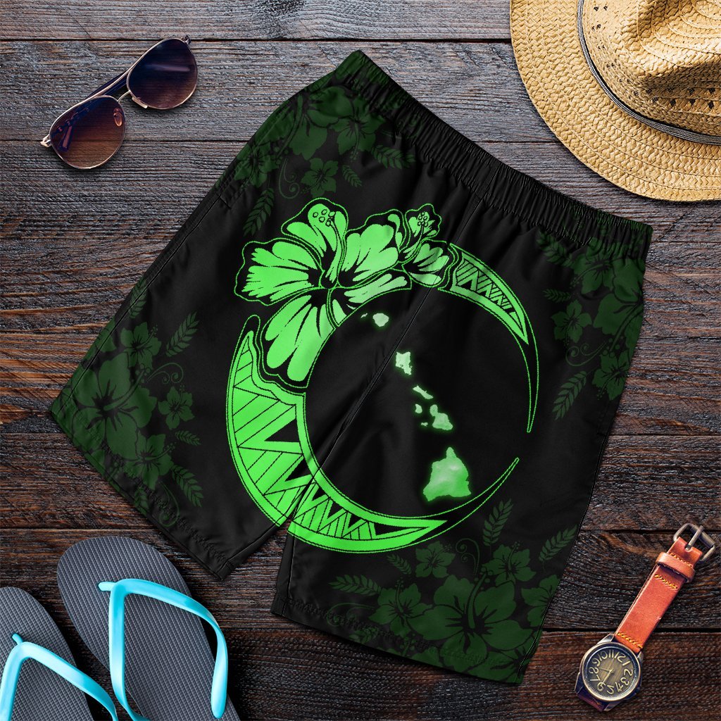 Hawaiian Map Hibiscus Turtle Polynesian Moon Men's Shorts Green - AH Art - Polynesian Pride