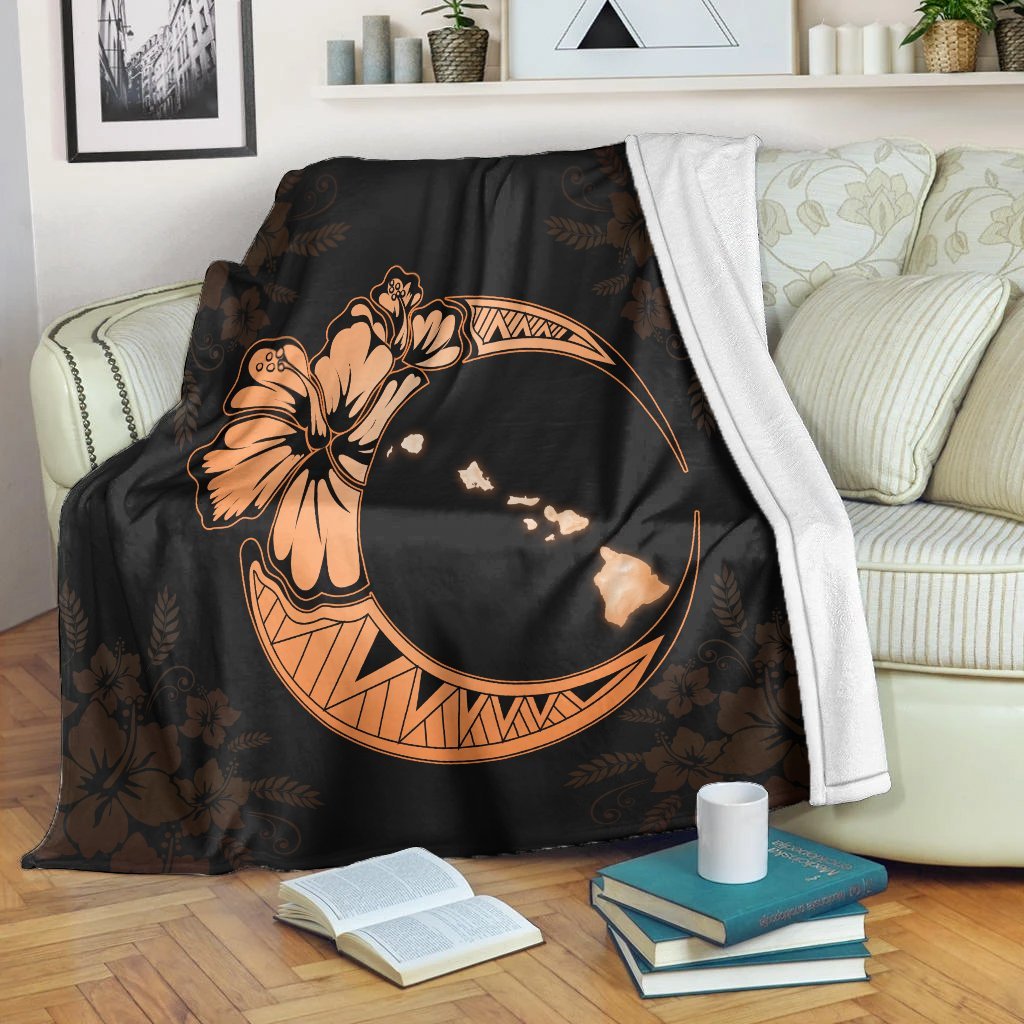 Hawaiian Map Hibiscus Turtle Polynesian Moon Premium Blankets Orange - AH White - Polynesian Pride