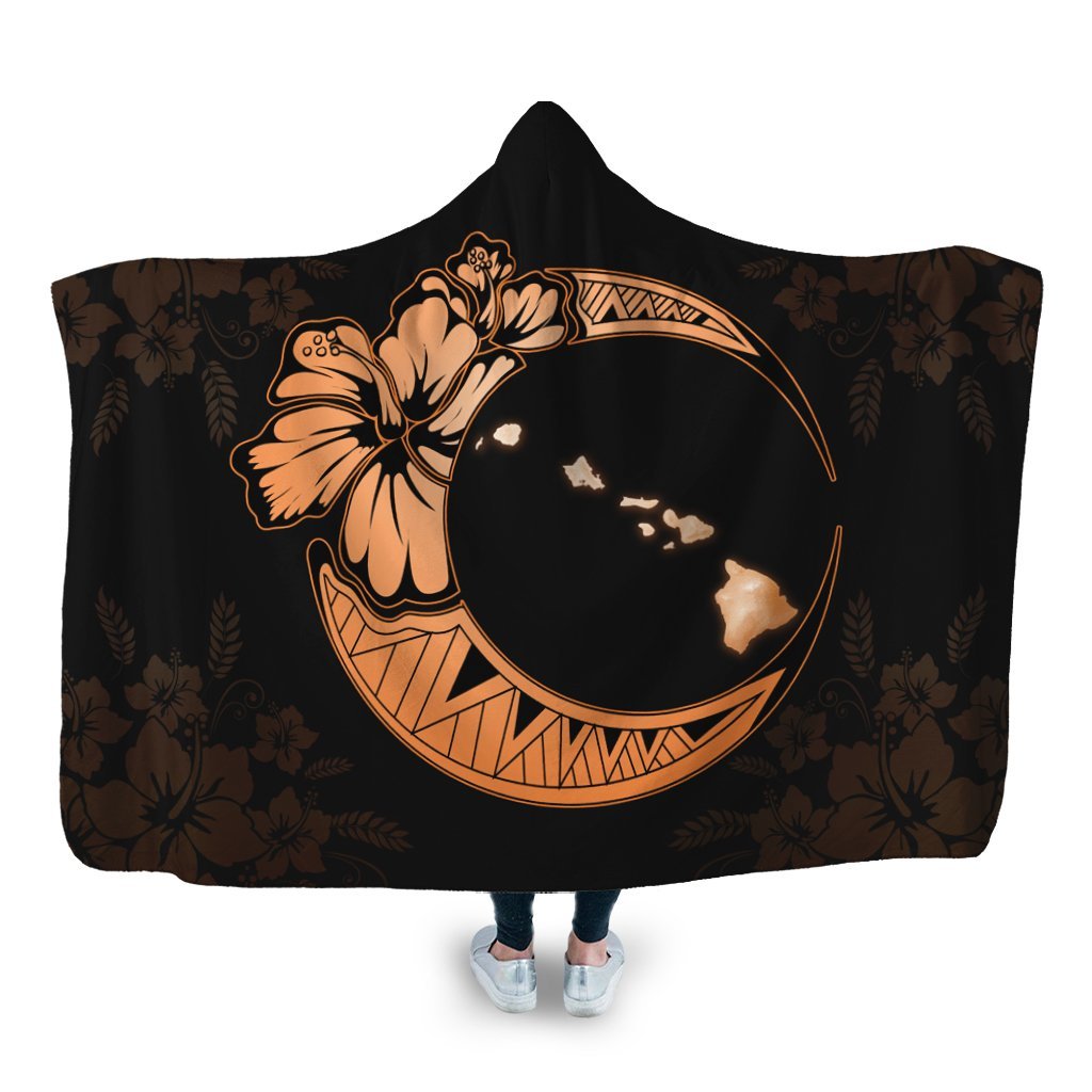 Hawaiian Map Hibiscus Turtle Polynesian Moon Hooded Blanket Orange - AH Hooded Blanket White - Polynesian Pride