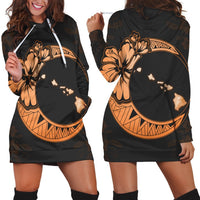 Hawaiian Map Hibiscus Turtle Polynesian Moon Hoodie Dress Orange - AH Black - Polynesian Pride