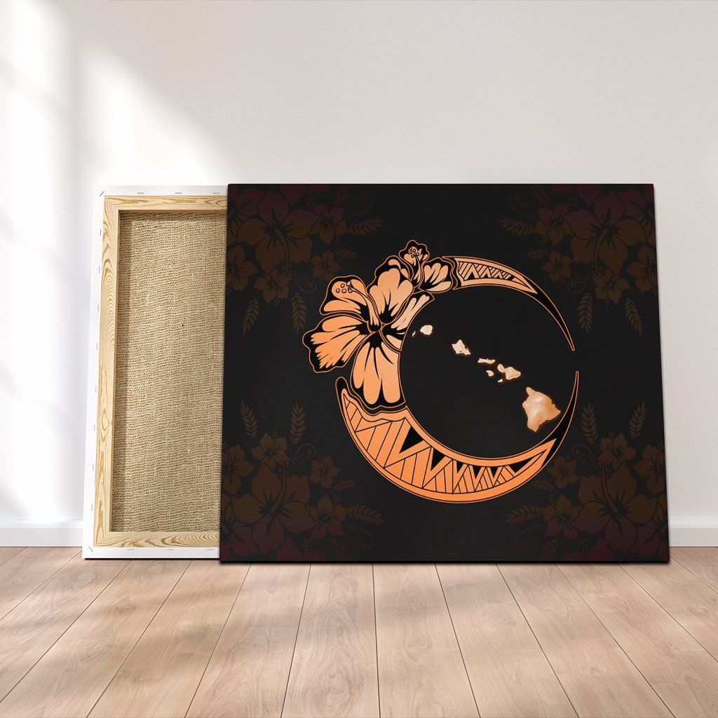 Hawaiian Map Hibiscus Turtle Polynesian Moon Canvas Orange - AH Canvas Poly-cotton - Polynesian Pride