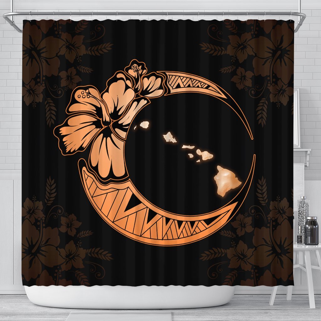 Hawaiian Map Hibiscus Turtle Polynesian Moon Shower Curtain Orange - AH 177 x 172 (cm) Black - Polynesian Pride