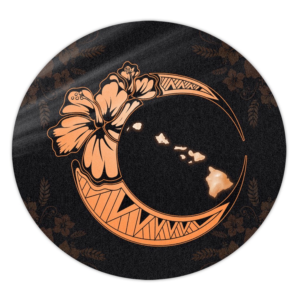 Hawaiian Map Hibiscus Turtle Polynesian Moon Round Carpet Orange - AH Round Carpet Luxurious Plush - Polynesian Pride