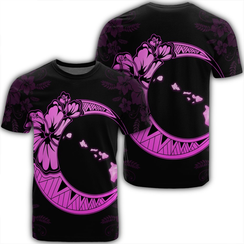 Hawaiian Map Hibiscus Turtle Polynesian Moon T Shirt Pink Unisex Black - Polynesian Pride