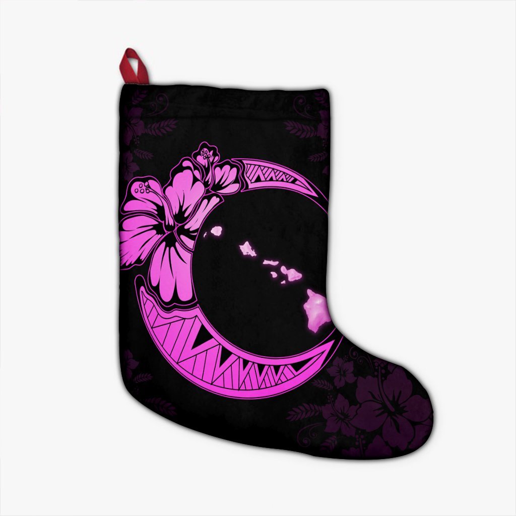 Hawaiian Map Hibiscus Turtle Polynesian Moon Christmas Stocking Pink - AH Christmas Stocking 26 X 42 cm Black - Polynesian Pride