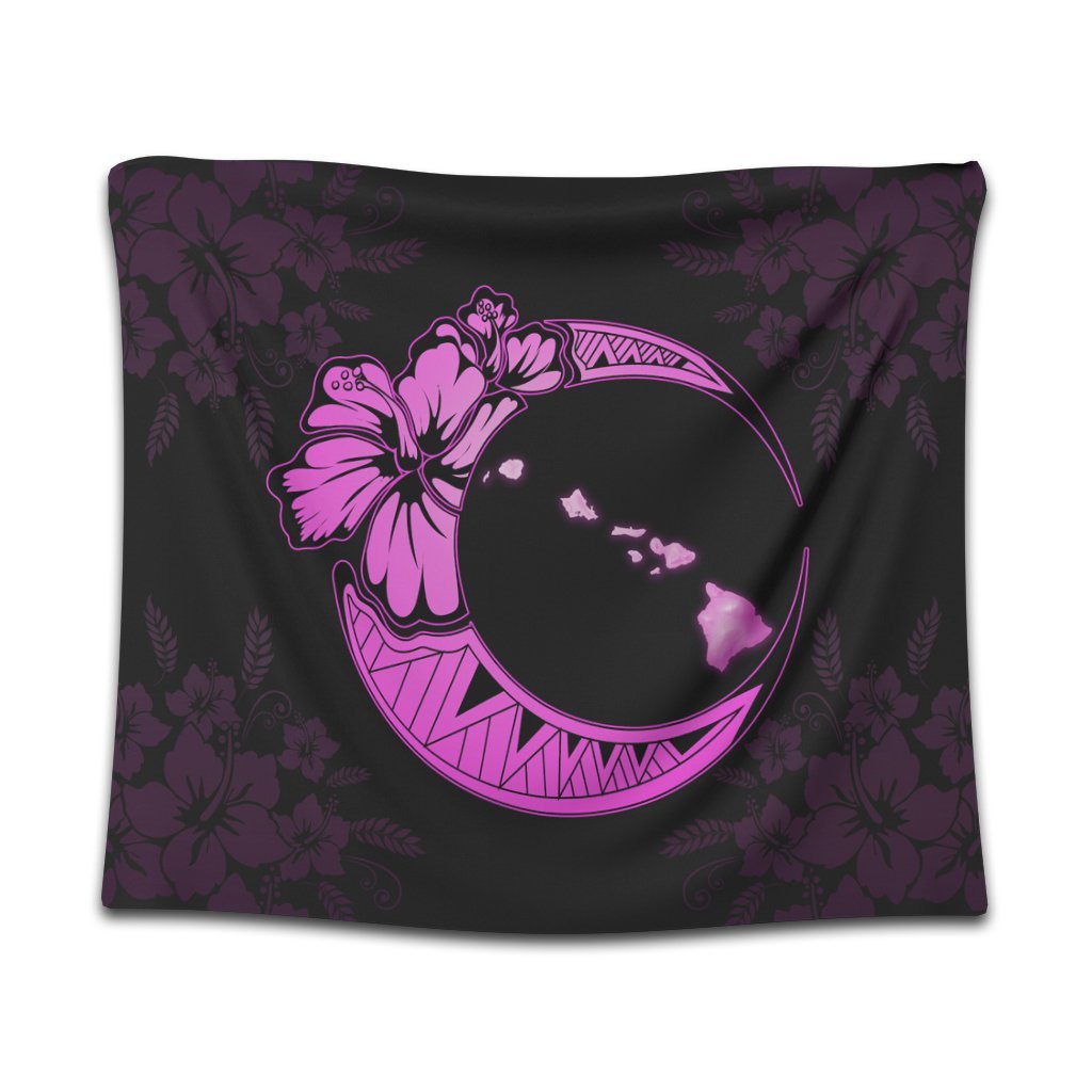 Hawaiian Map Hibiscus Turtle Polynesian Moon Tapestry Pink - AH Wall Tapestry Black - Polynesian Pride